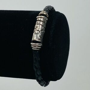 925 Sterling Silver Leather Braided Bracelet Artisan Black Silver 7”